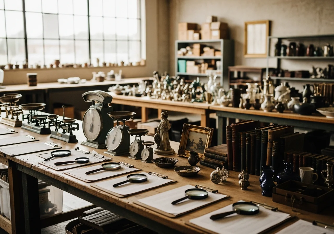 Professional estate sale workspace with organized inventory, appraisal tools, and auction preparation materials ready for client services.