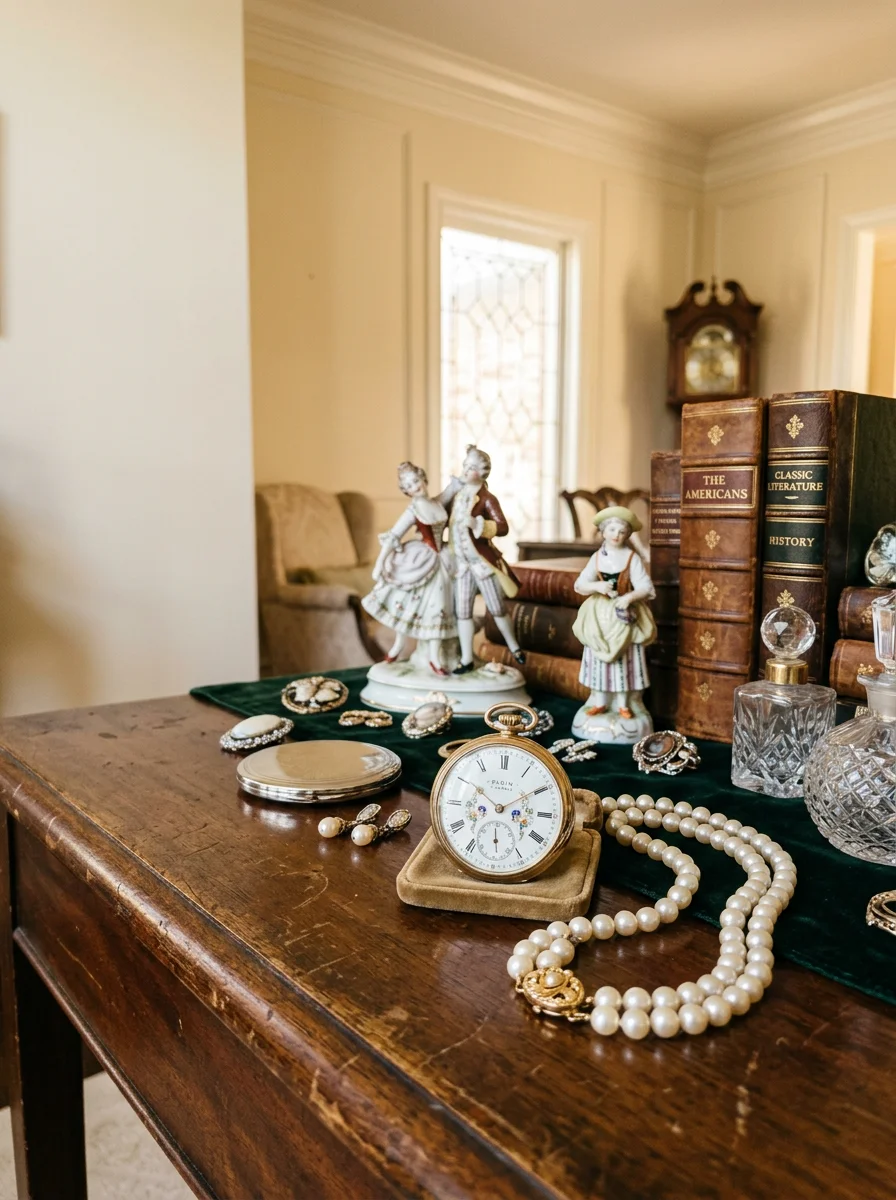Professional estate auction display featuring fine jewelry, antiques, and collectibles