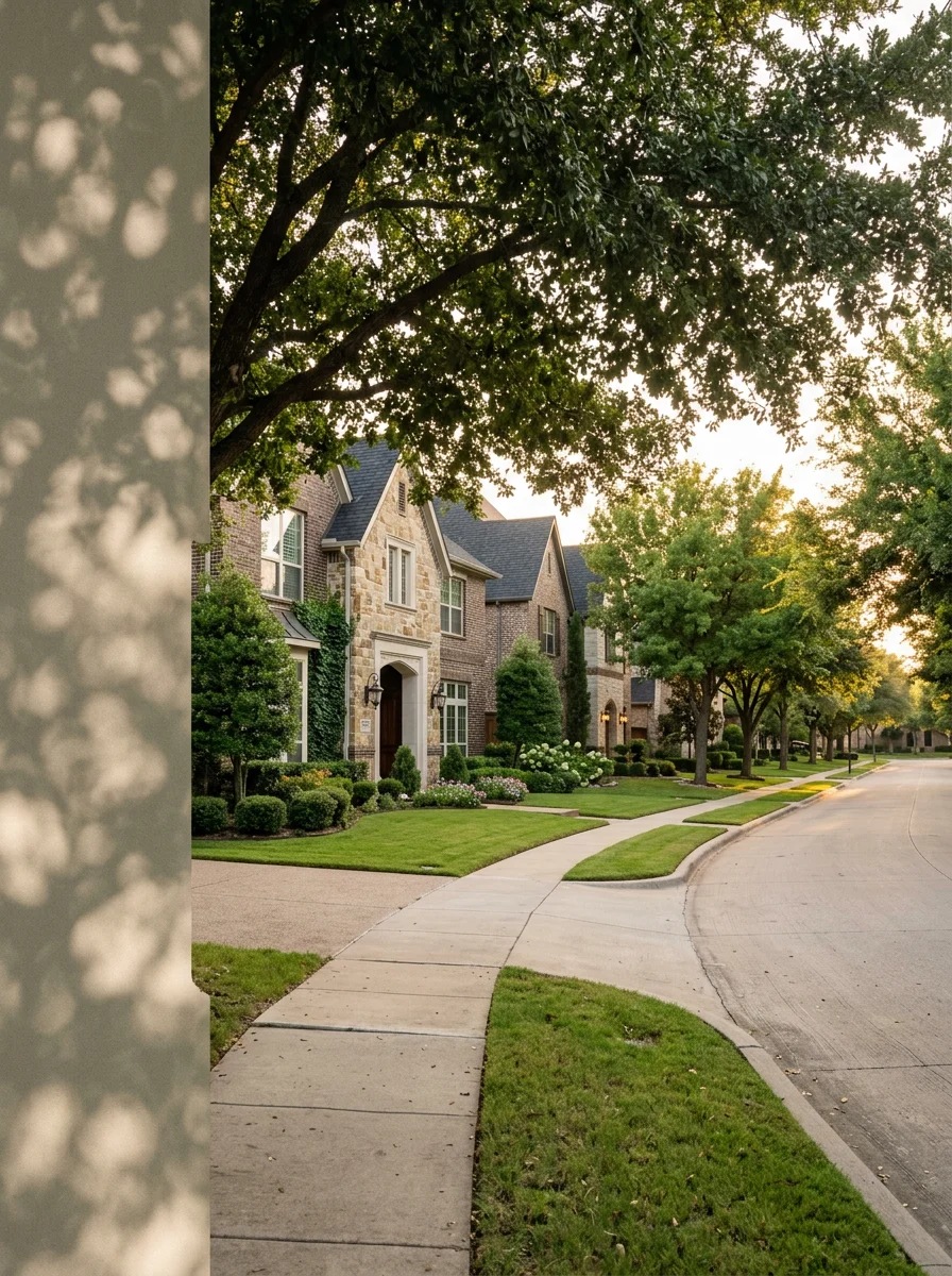 Upscale Frisco residential neighborhood with large homes and manicured lawns