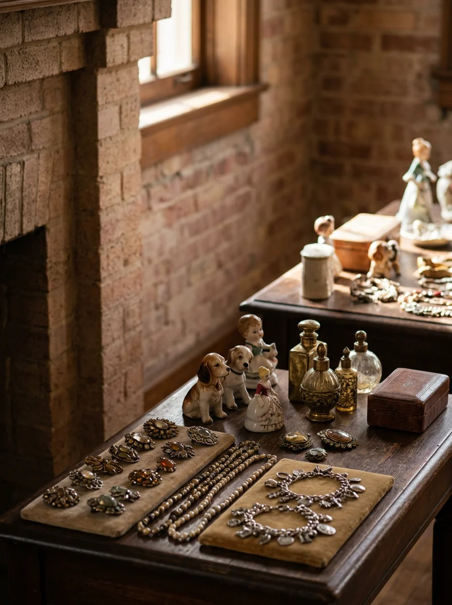 Professional estate sale display with antiques, jewelry, and collectibles ready for auction