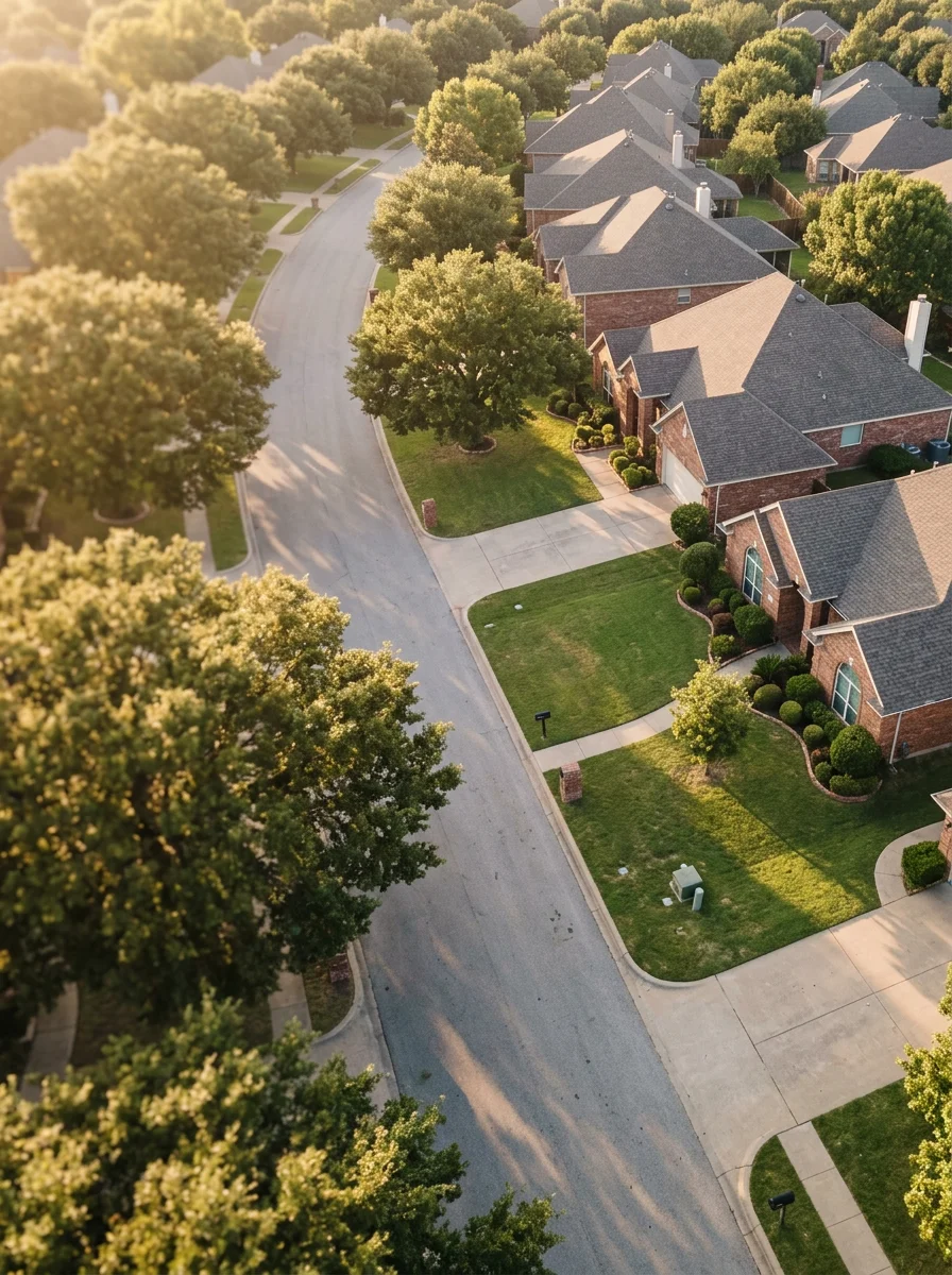 Aerial view of Lewisville Texas showing suburban homes and tree-lined streets