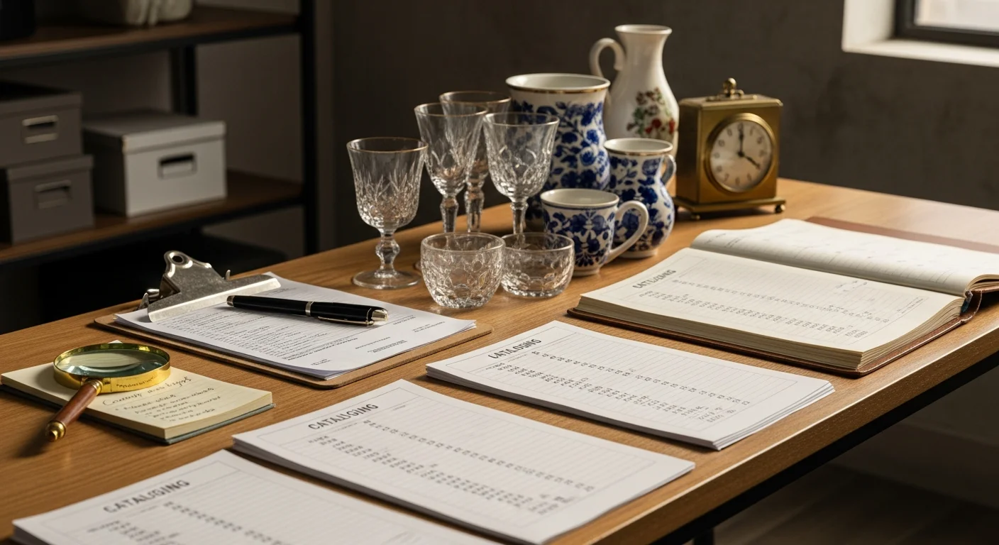 A neatly organized auction setup inside a Keller, TX home showing tagged estate items arranged in lots on tables, ready for bidding. A Try Guy Treasures coordinator reviews a catalog checklist in the foreground.