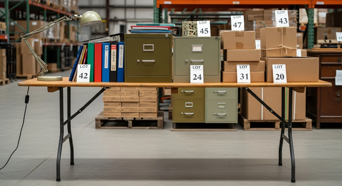 A cataloged lot of commercial office furniture and equipment staged for a business liquidation auction at a Keller, Texas facility. Rows of desks, chairs, and fixtures are organized and tagged ahead of competitive bidding.